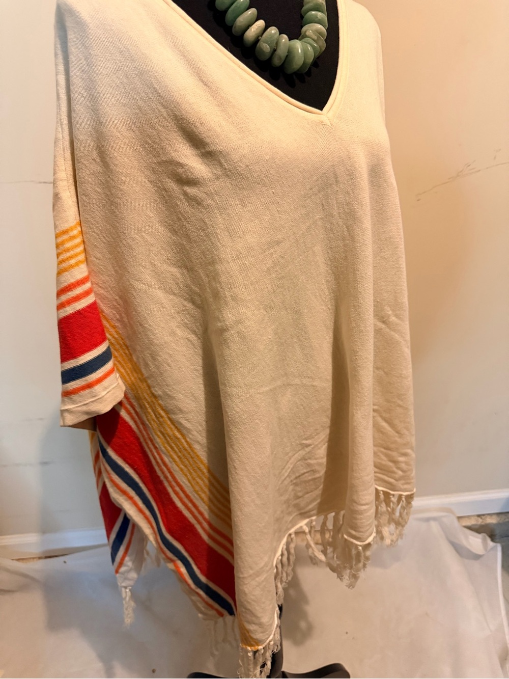 Seaton Boho Fringe V-Neck Poncho with Striped Accents - Picture 4 of 7